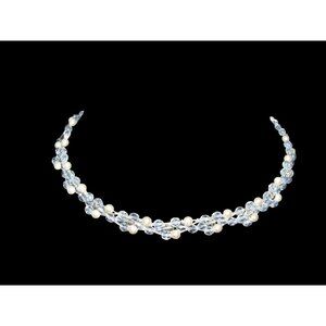 Seasonal Whispers Signed Light Blue Faux Pearl Crystal Beaded Choker Necklace
